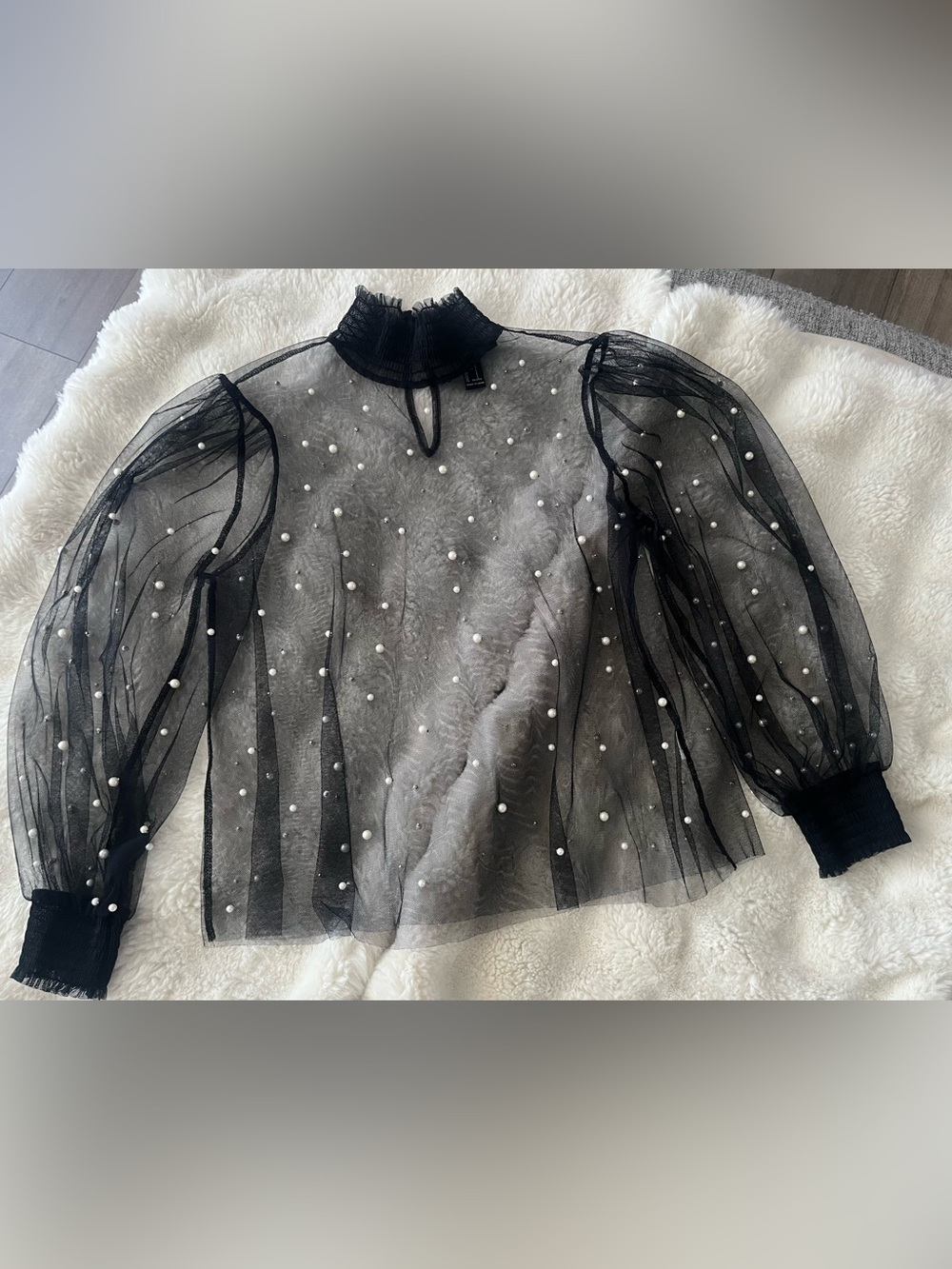 Forever 21 Black Sheer Pearl-Studded Puff Sleeve Blouse